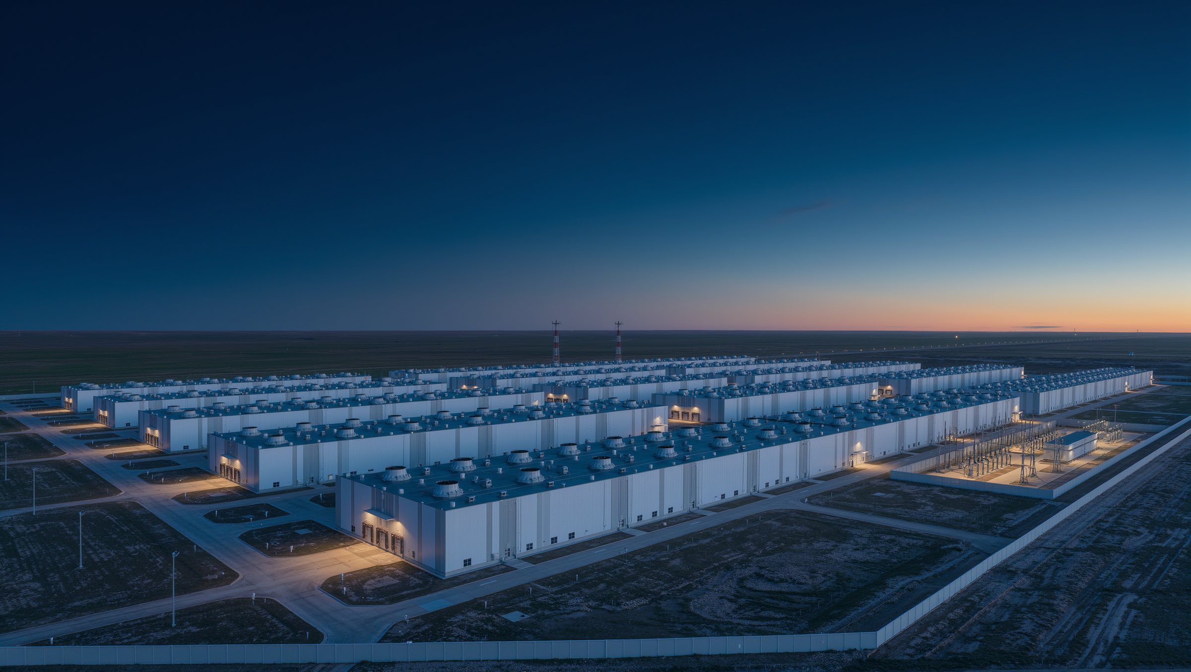 Data center campus at dusk